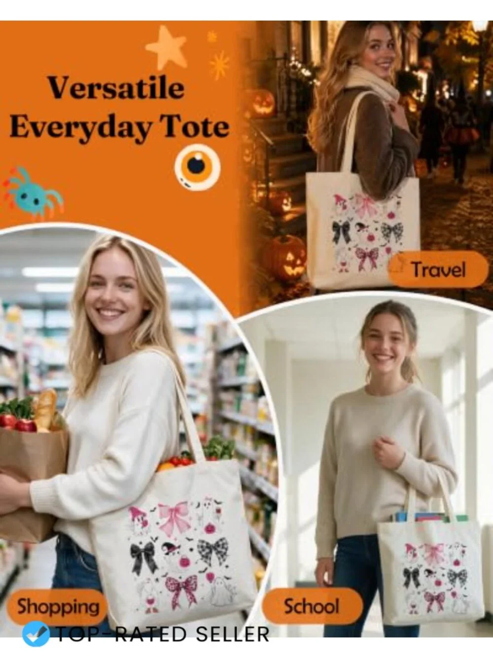 Halloween Ghost Tote Bag - Reusable Canvas Shopping Bag